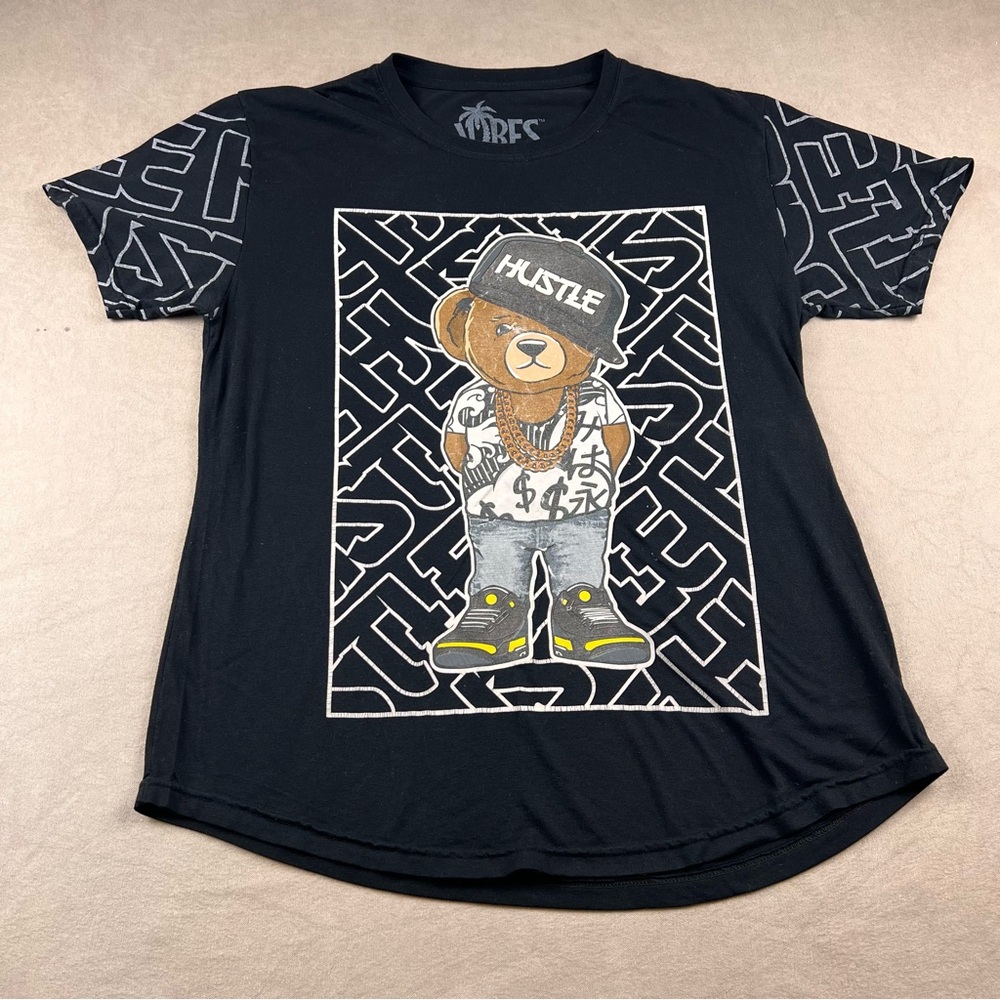 Vibe Black Graphic Teddy Bear Hustle Tee with Yellow Accents